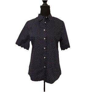 Max Jeans Navy Polka Dot Blouse Size Small S 100% Cotton Scalloped Edge NWT